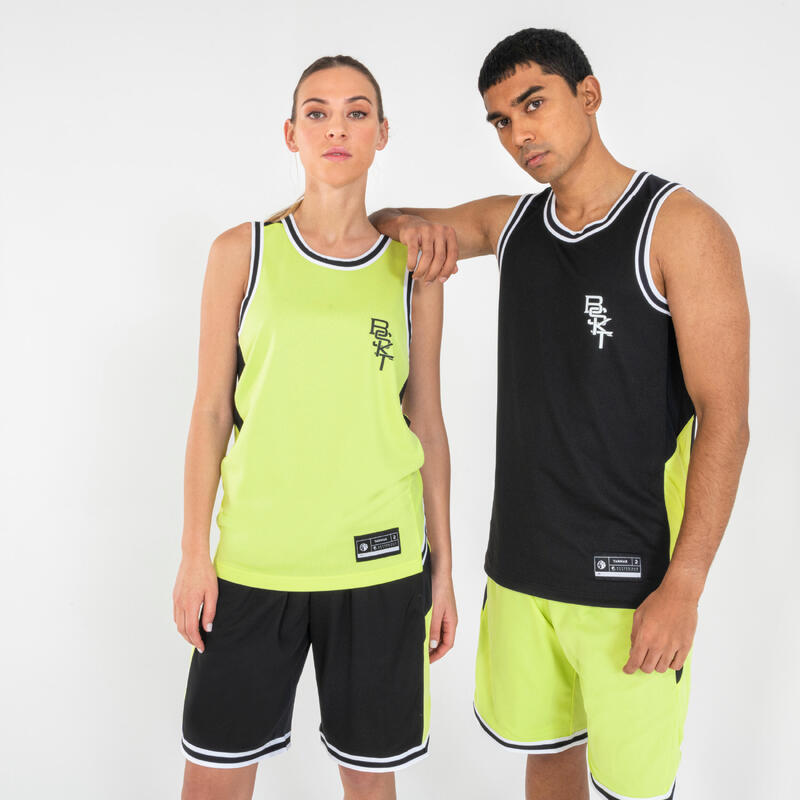 男/女款雙面無袖籃球球衣 T500－黑/萊姆綠