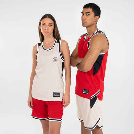 
      Pieaugušo abpusējais bezpiedurkņu basketbola sporta krekls “T500”, sarkans/bēšs
  