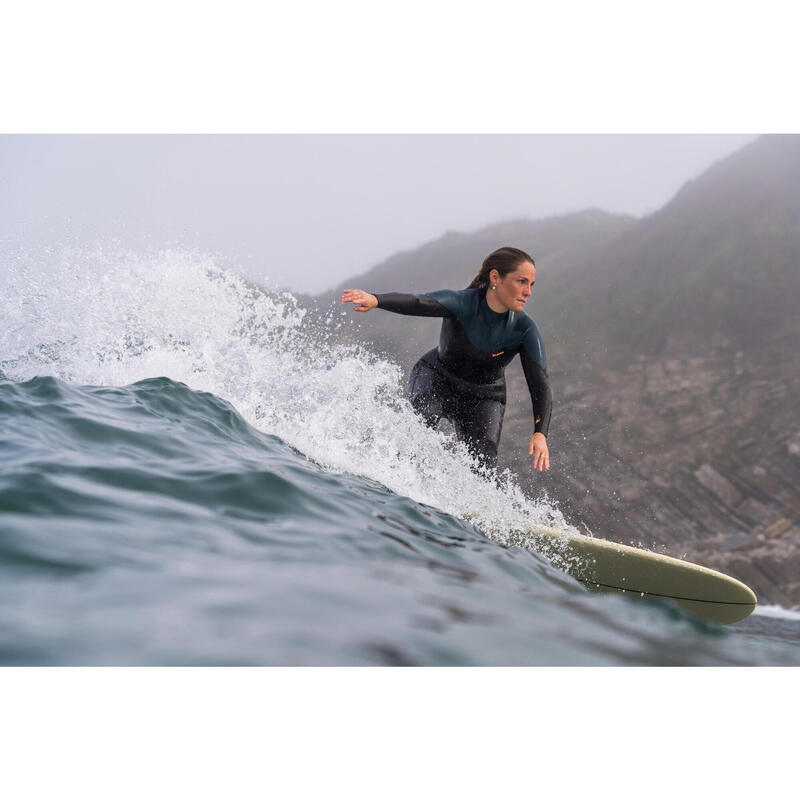 Neopreno surf Mujer agua fría 4/3mm cremallera espalda 500 negro/verde