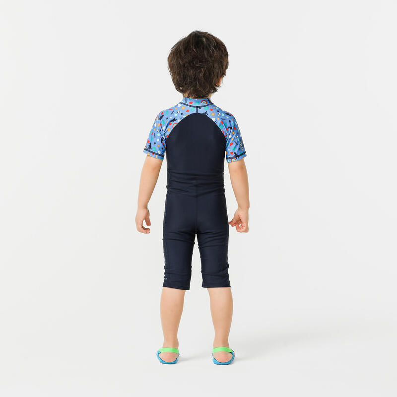 Blue print baby's short-sleeved shorty swimsuit