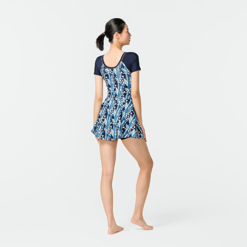 Women's Una one-piece short-sleeved swimsuit with skirt BLUE PRINT