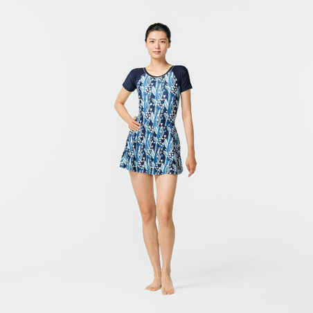 Women's Una one-piece short-sleeved swimsuit with skirt BLUE PRINT