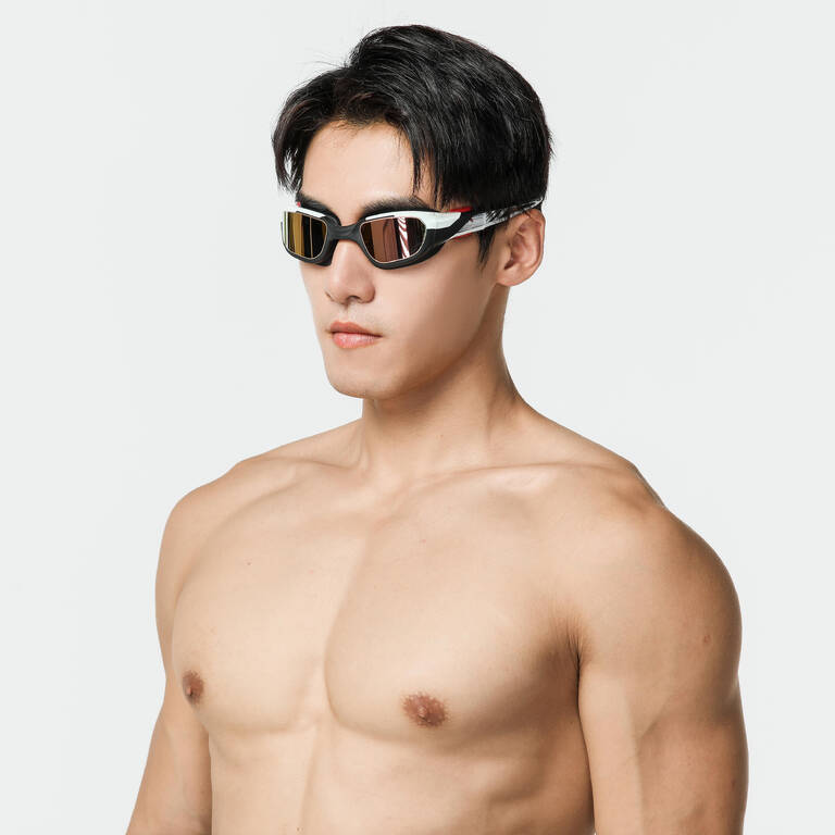 Kacamata Renang Goggles TURN - Lensa Cermin - Hitam Putih Merah