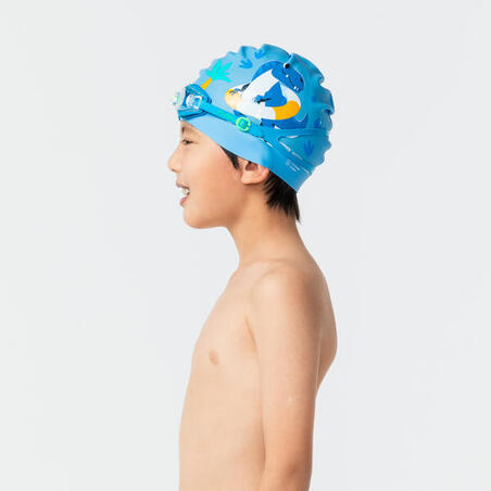 Bonnet de Bain en Silicone - Taille Unique - Dino Bleu Orange