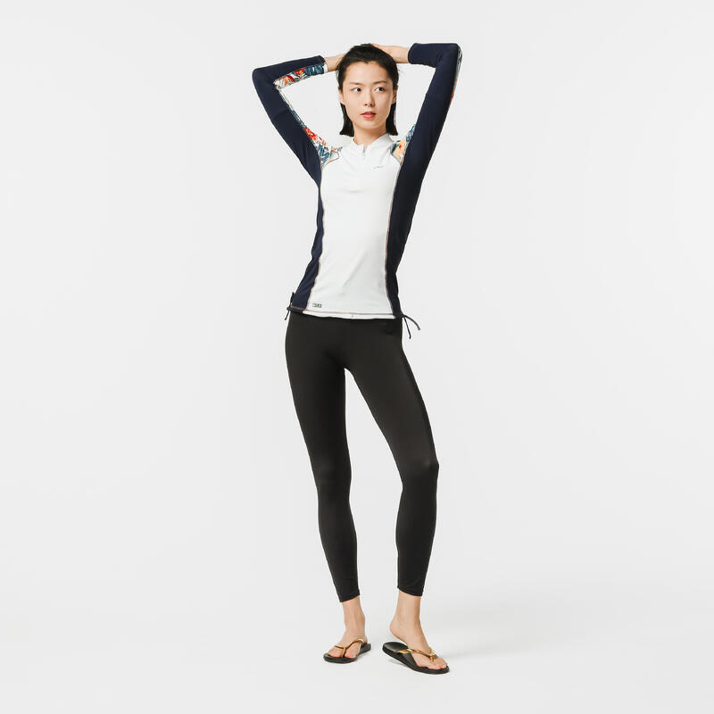 Women's Long Sleeve T-Shirt UV-Protection Surf Top 500 WHITE/PRINT