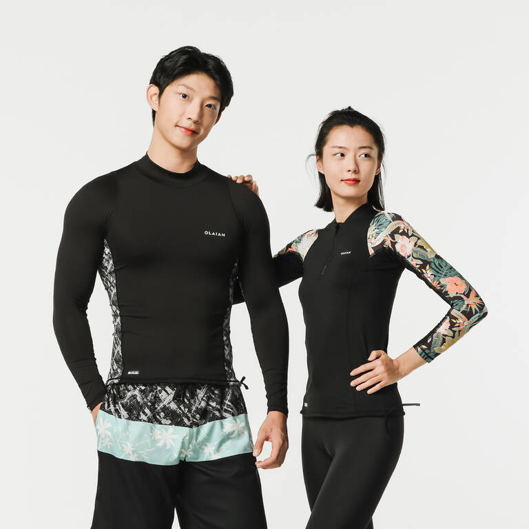 Women's long sleeve t-shirt UV-protection surf top 500 BLK/PRINT