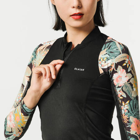 Women's long sleeve t-shirt UV-protection surf top 500 BLK/PRINT