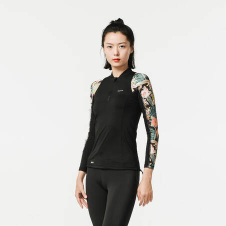 Women's long sleeve t-shirt UV-protection surf top 500 BLK/PRINT