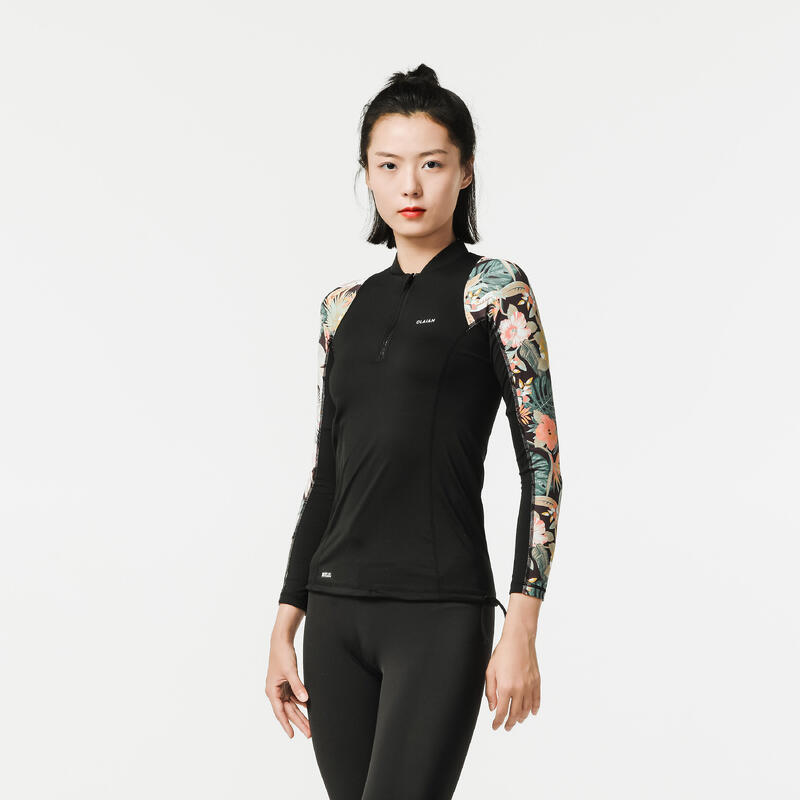 Women's long sleeve t-shirt UV-protection surf top 500 BLK/PRINT