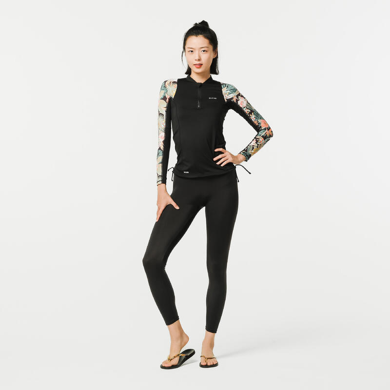 Women's long sleeve t-shirt UV-protection surf top 500 BLK/PRINT