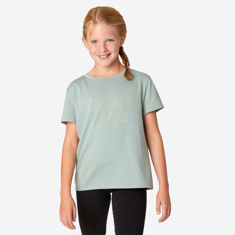 T-shirt bambina ginnastica 500 regular fit misto cotone verde