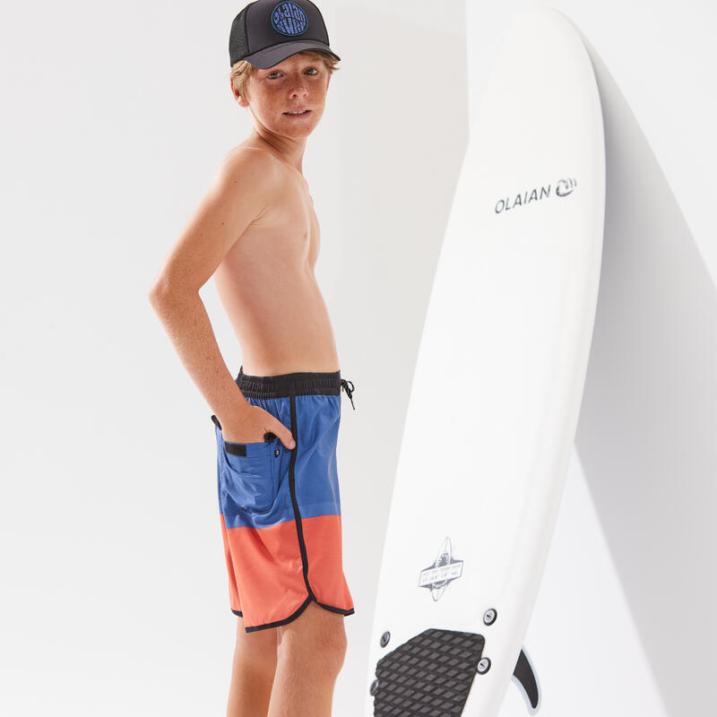 Boardshort voor surfen jongens 500 blauw rood