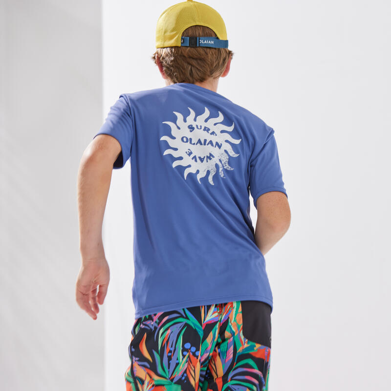 Çocuk Kısa Kollu Sörf Tişörtü - Mavi / Güneş Baskılı