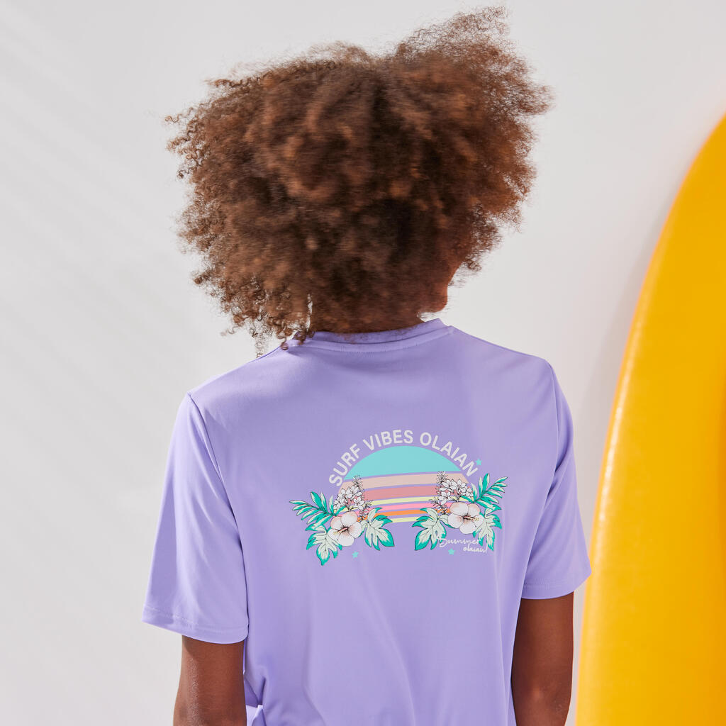 T-shirt anti UV manches courtes surf Junior - 100 ibiscus violet
