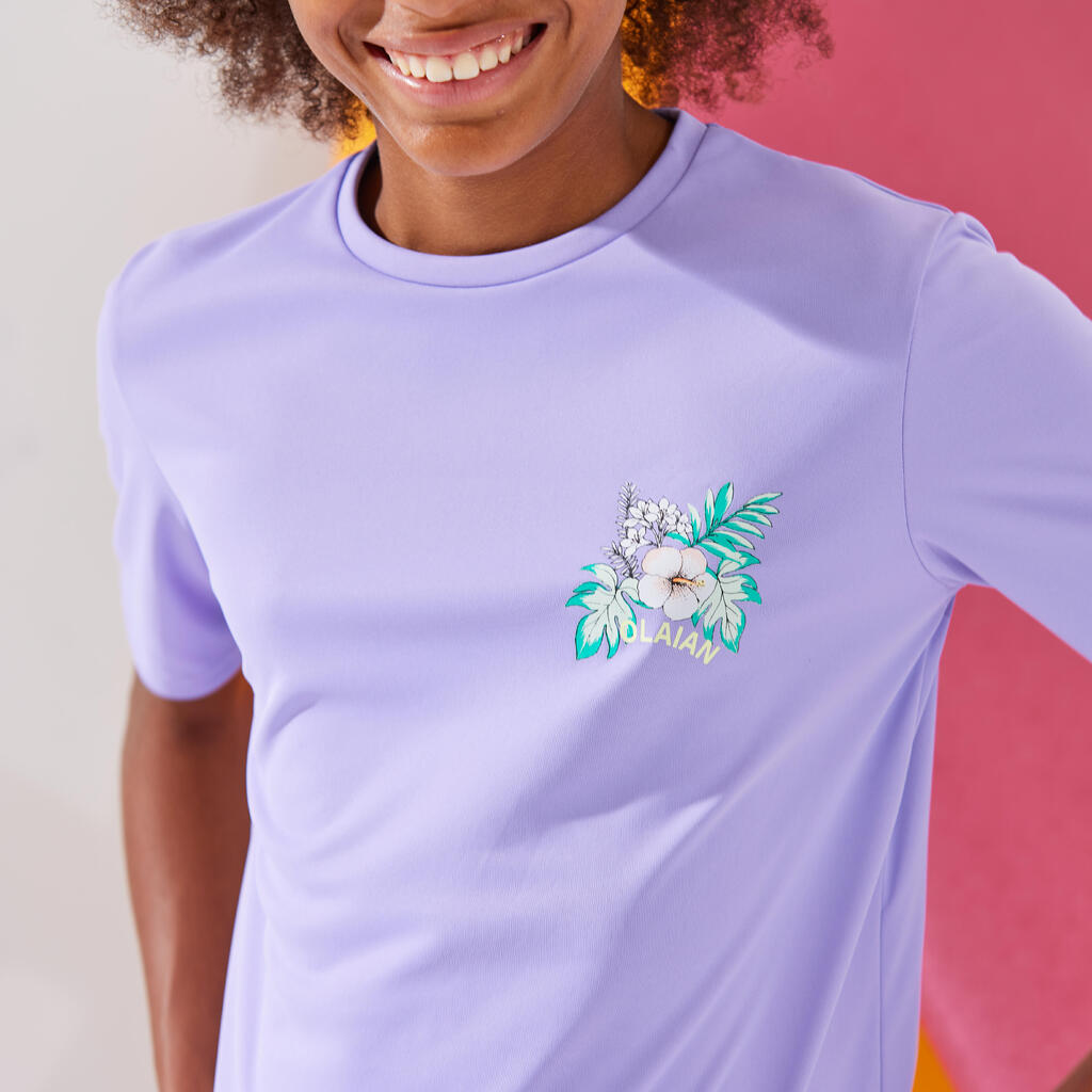 T-shirt anti UV manches courtes surf Junior - 100 ibiscus violet