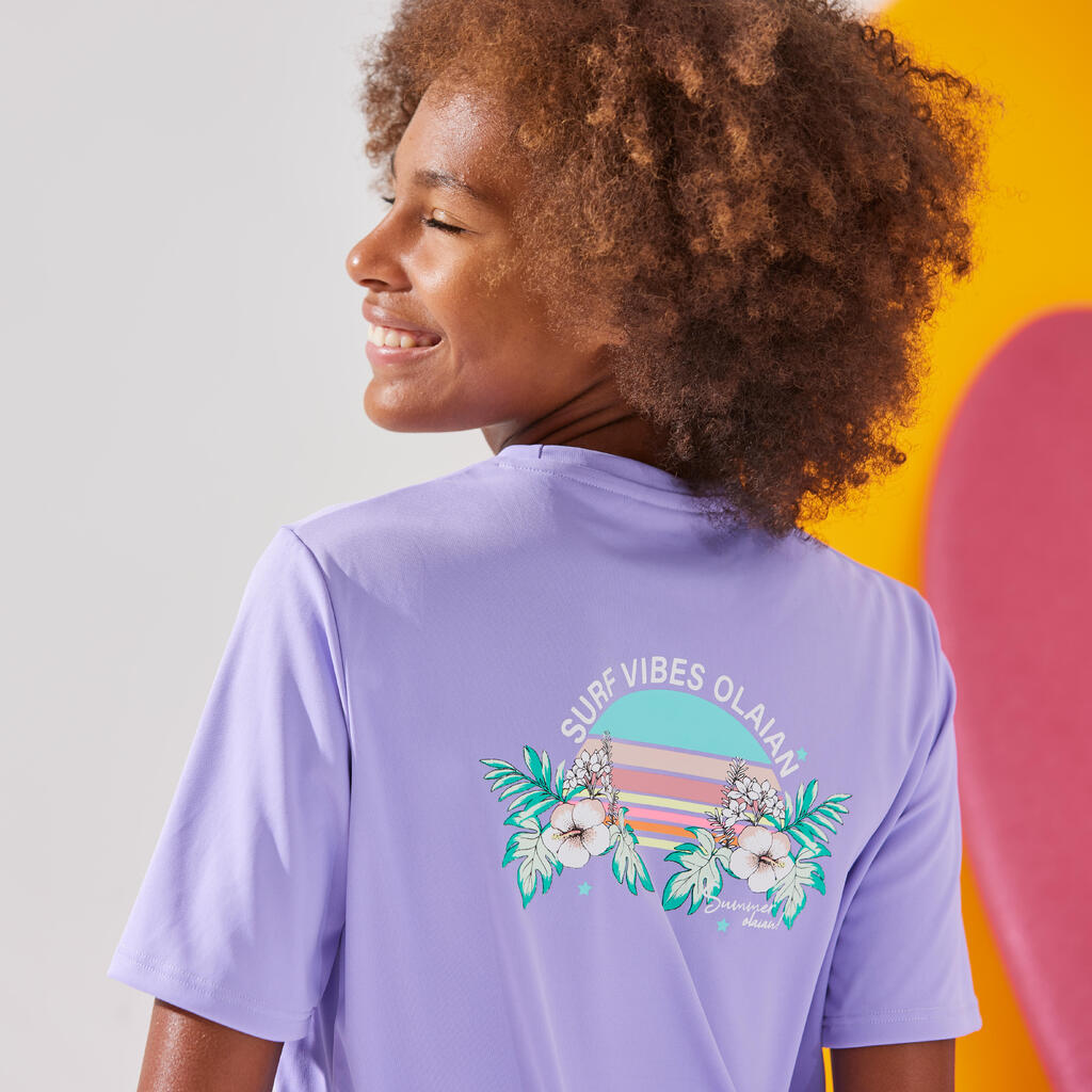 T-shirt anti UV manches courtes surf Junior - 100 ibiscus violet