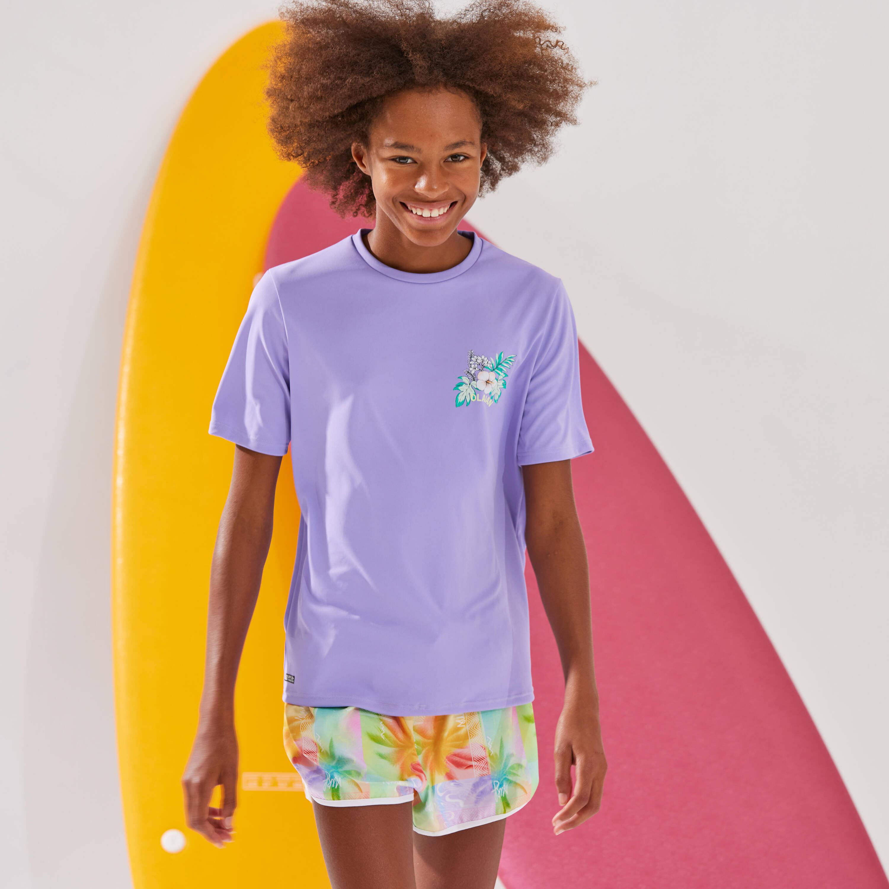 Kids’ short sleeve UV-protection t-shirt - 100 ibiscus purple -  1