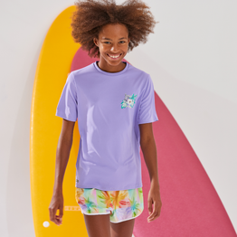 T-shirt anti UV manches courtes surf Junior - 100 ibiscus violet