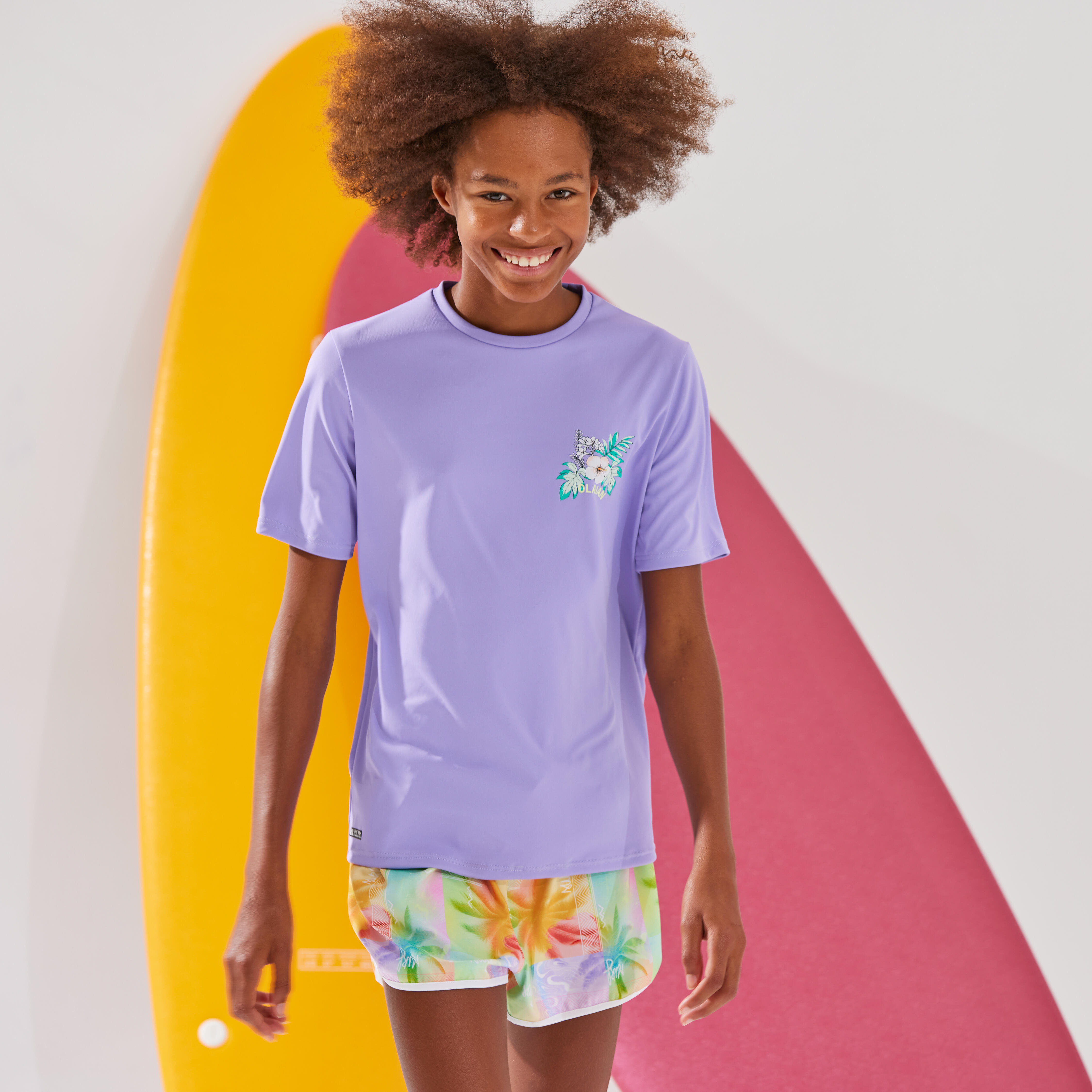 Tricou anti-UV surf 100 Ibiscus Mov Copii