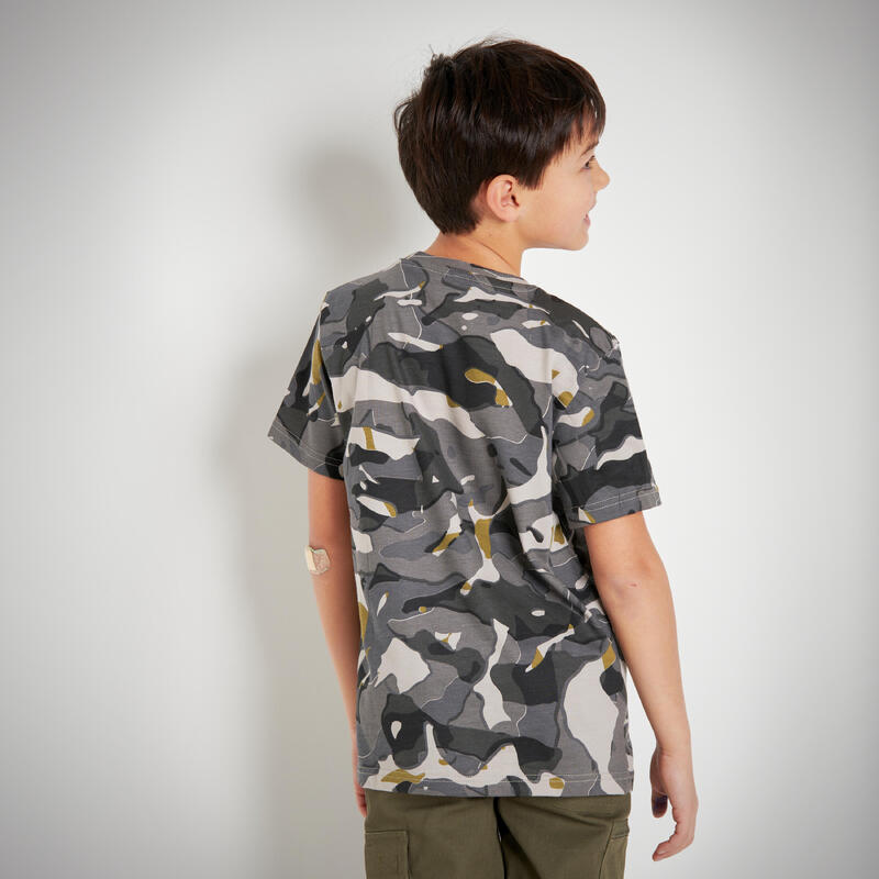 T-shirt manches courtes chasse coton Junior - 100 camouflage woodland gris
