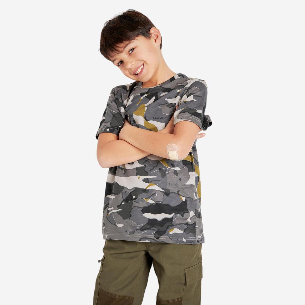 Junior Country Sport Short-Sleeved Cotton T-Shirt - 100 Woodland Camouflage Grey