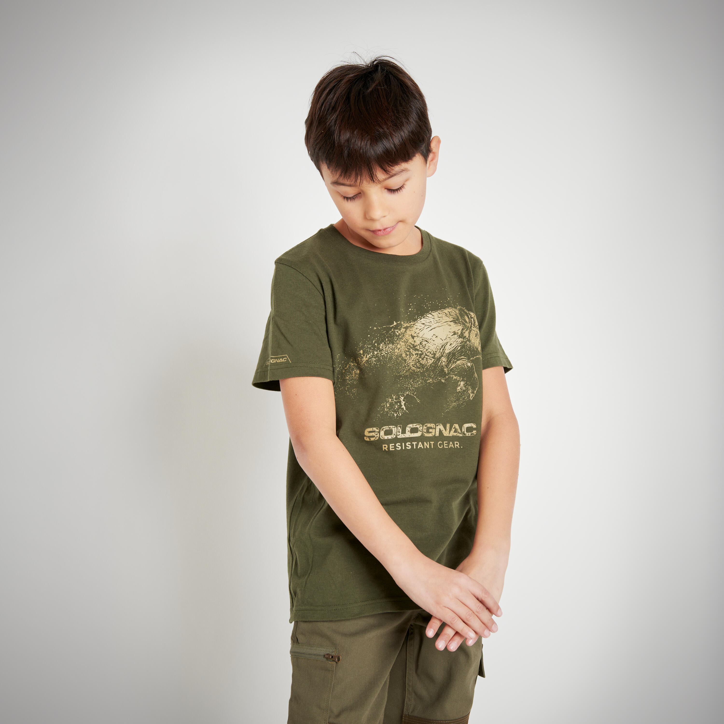 Junior Country Sport Short-Sleeved Cotton T-Shirt - 100 Ltd Green Boar 5/8