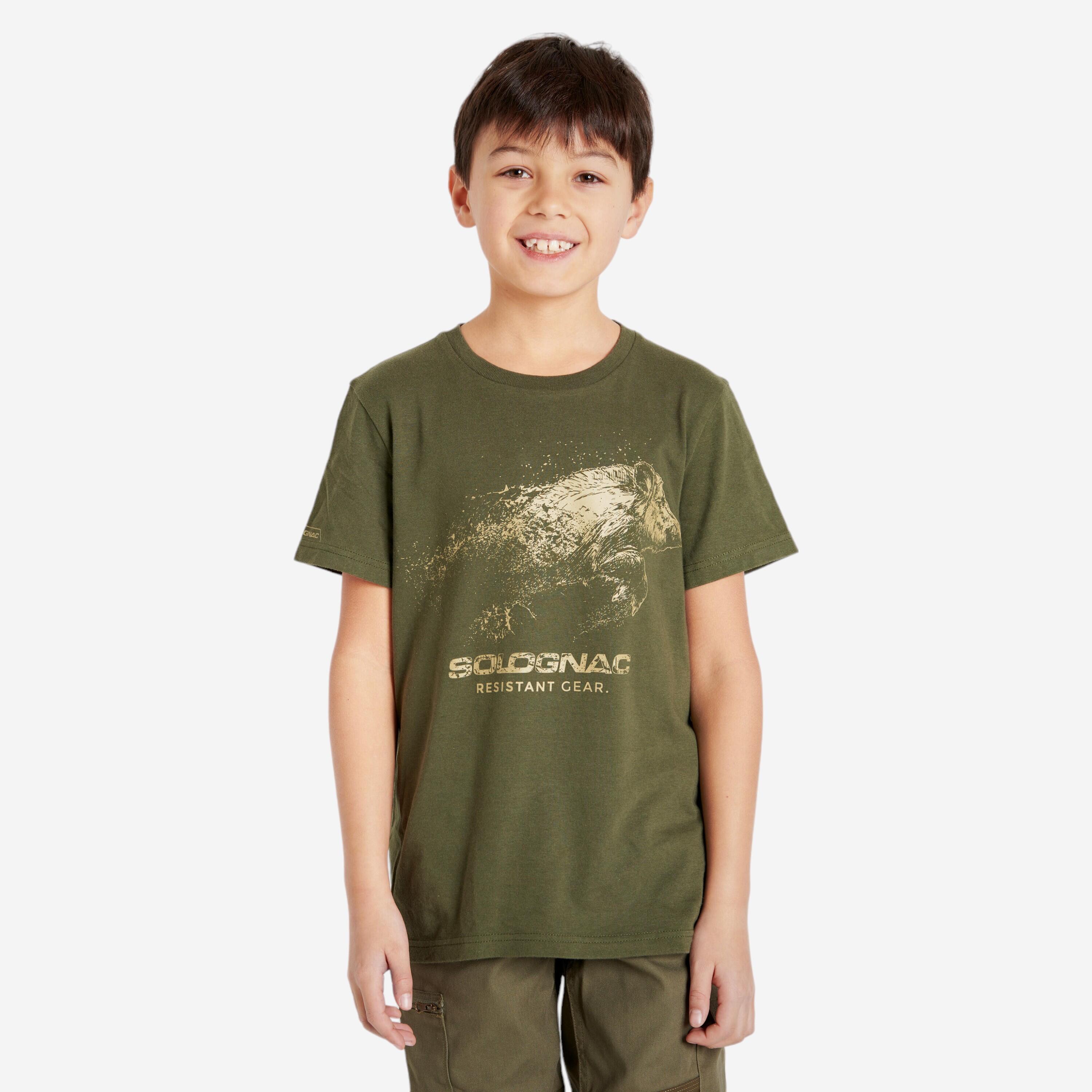 SOLOGNAC Junior Country Sport Short-Sleeved Cotton T-Shirt - 100 Ltd Green Boar