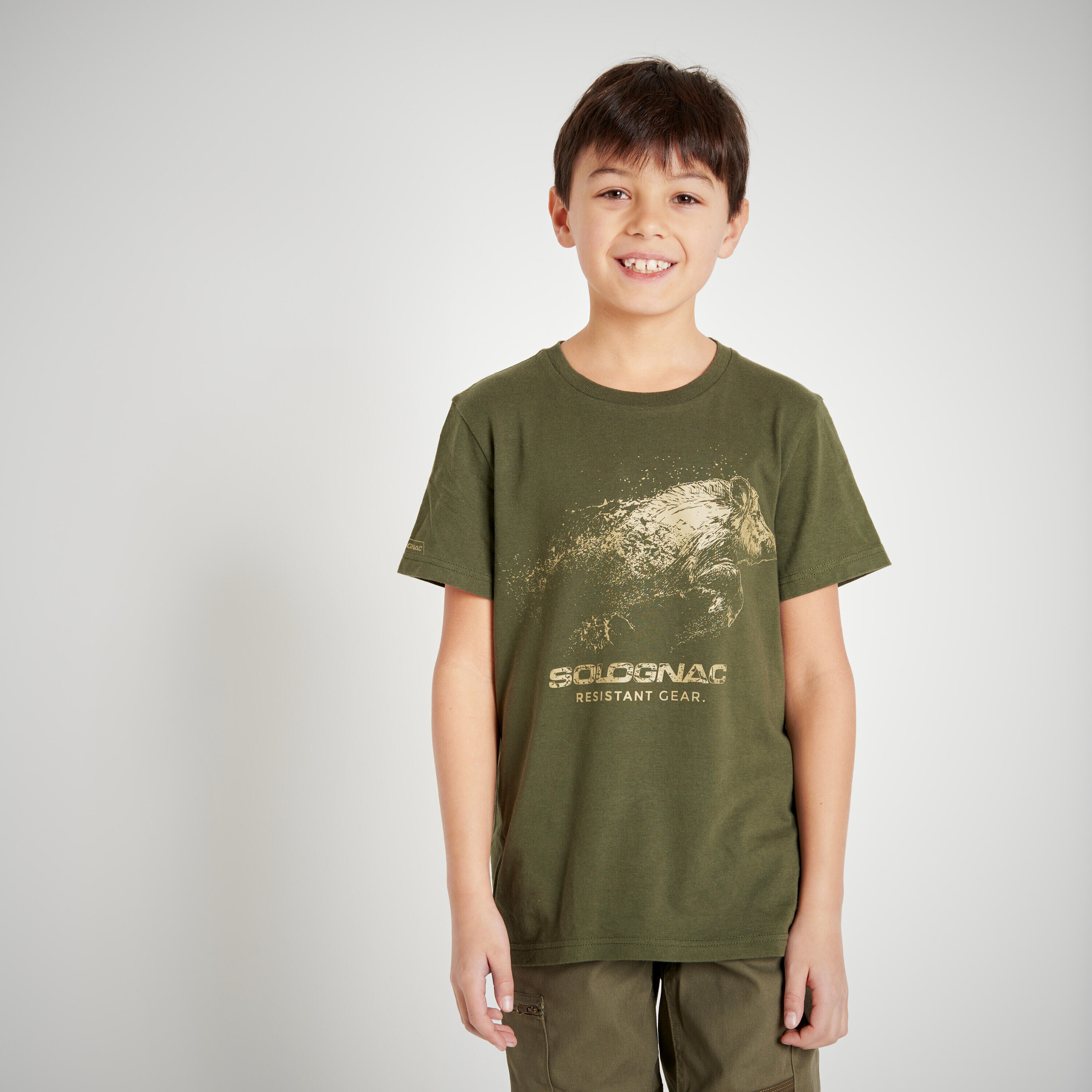 SOLOGNAC Junior Country Sport Short-Sleeved Cotton T-Shirt - 100 Ltd Green Boar