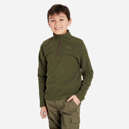 Zelen lovski pulover iz flisa s polovično zadrgo 100 za otroke