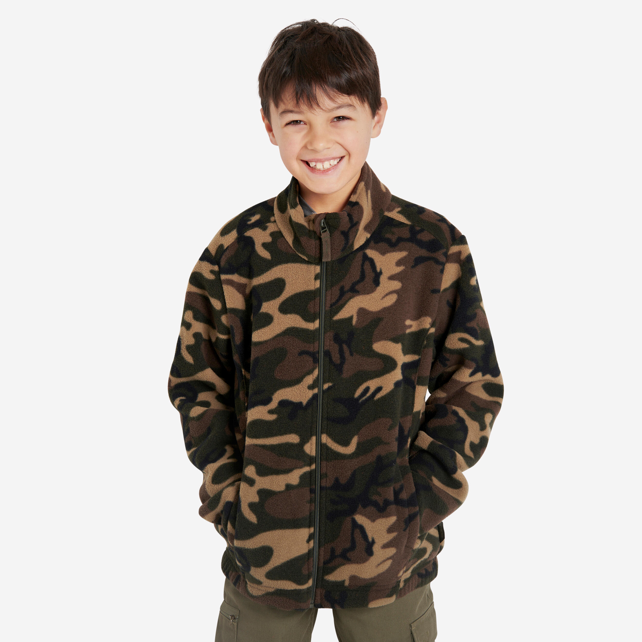 Polaire de chasse chaude enfant - 100 camouflage vert/marron - SOLOGNAC