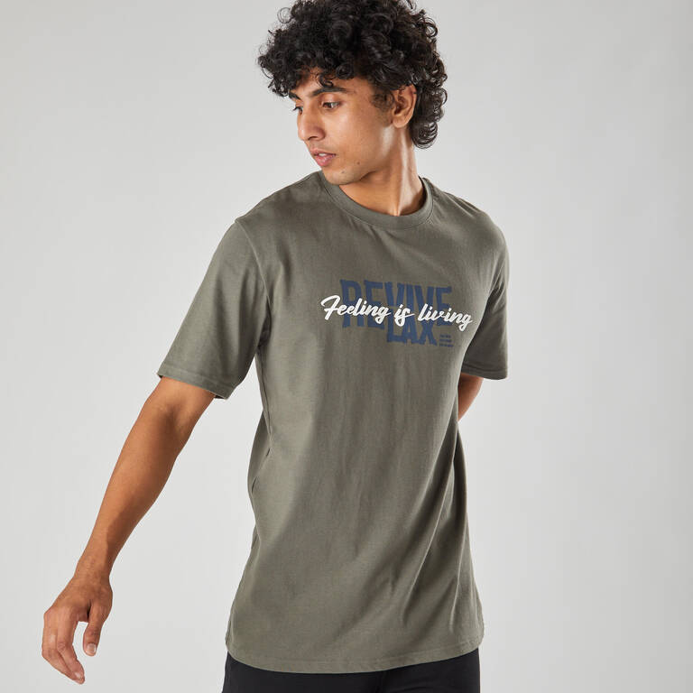 Kaos Fitness Pria 500 Essentials - Khaki Print