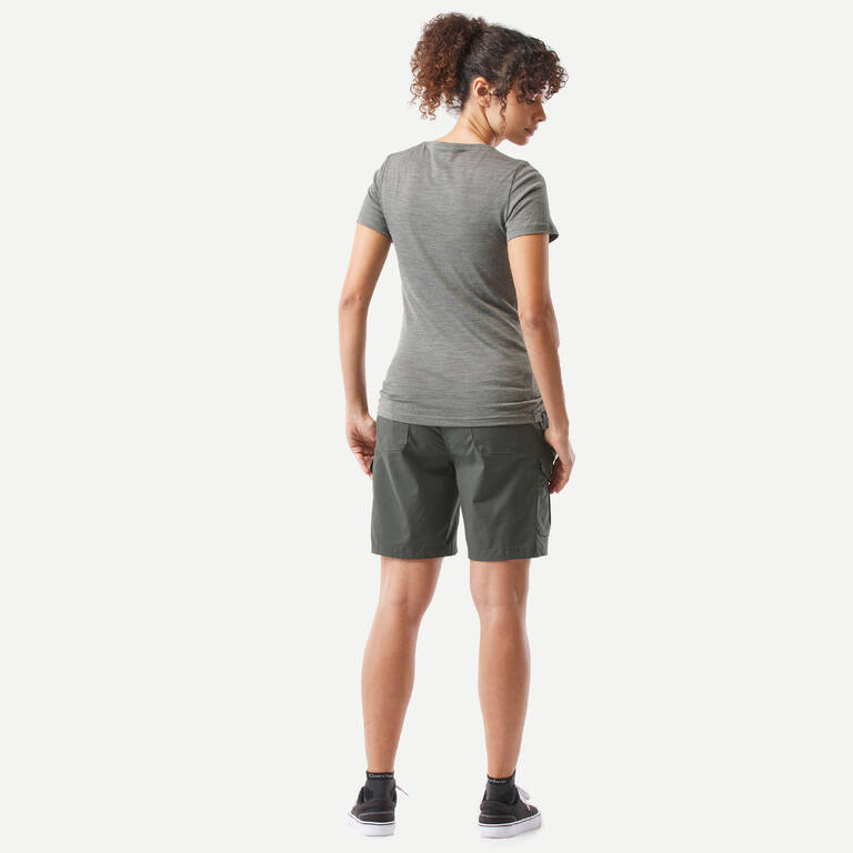 Women's Trekking and Travel Cotton Cargo Shorts - TRAVEL100 - Dark Green