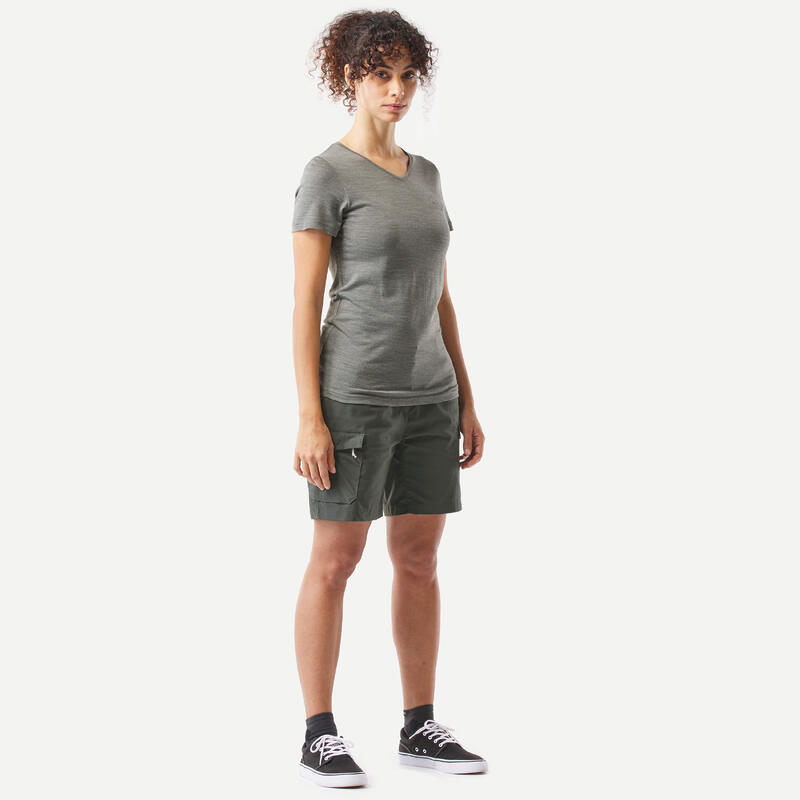 Katoenen cargoshort voor trekking en backpacking dames TRAVEL100 donkergroen