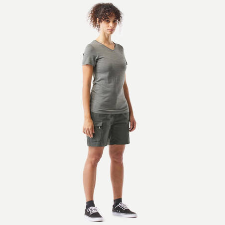 Women's Trekking and Travel Cotton Cargo Shorts - TRAVEL100 - Dark Green
