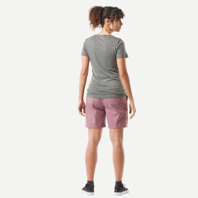 Katoenen cargoshort voor trekking en backpacking dames TRAVEL100 paars