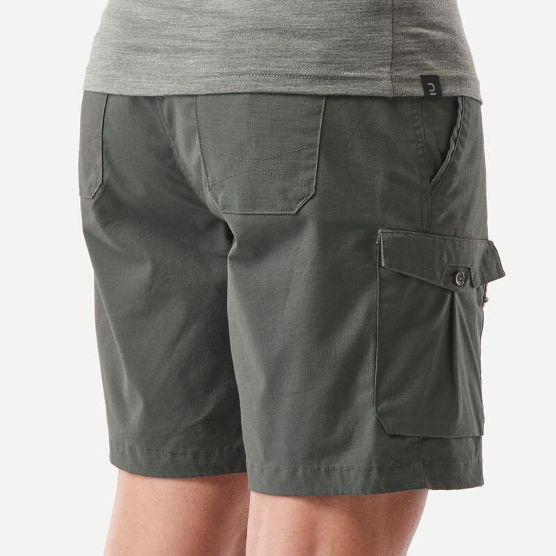 Katoenen cargoshort voor trekking en backpacking dames TRAVEL100 donkergroen