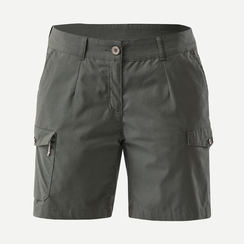 Women's Trekking and Travel Cotton Cargo Shorts - TRAVEL100 - Dark ...