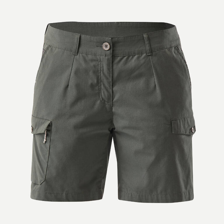 Women's Trekking and Travel Cotton Cargo Shorts - TRAVEL100 - Dark Green