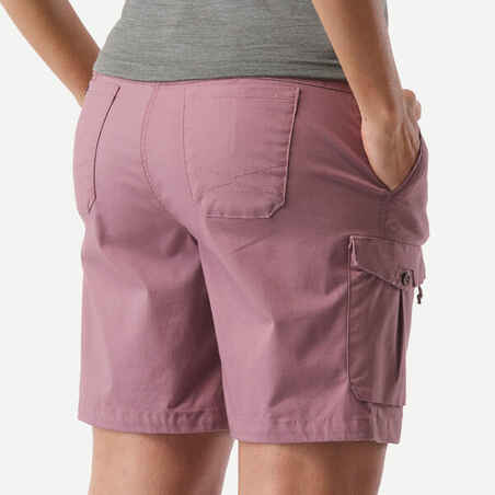 Women's Trekking and Travel Cotton Cargo Shorts - TRAVEL100 - Purple