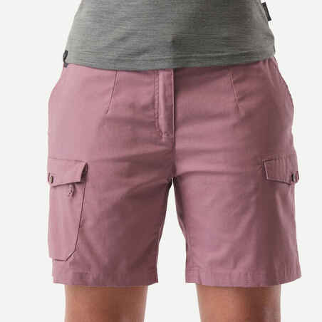 Women's Trekking and Travel Cotton Cargo Shorts - TRAVEL100 - Purple