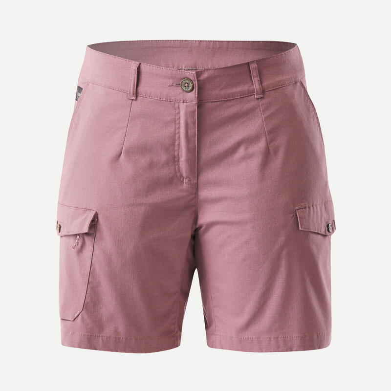 Katoenen cargoshort voor trekking en backpacking dames TRAVEL100 paars