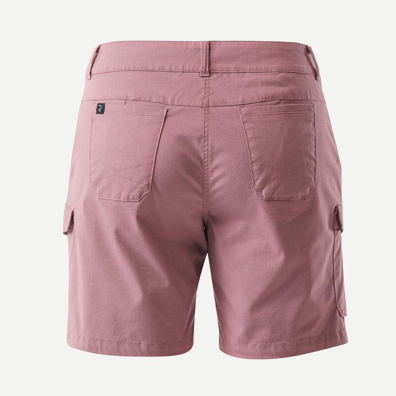 Katoenen cargoshort voor trekking en backpacking dames TRAVEL100 paars