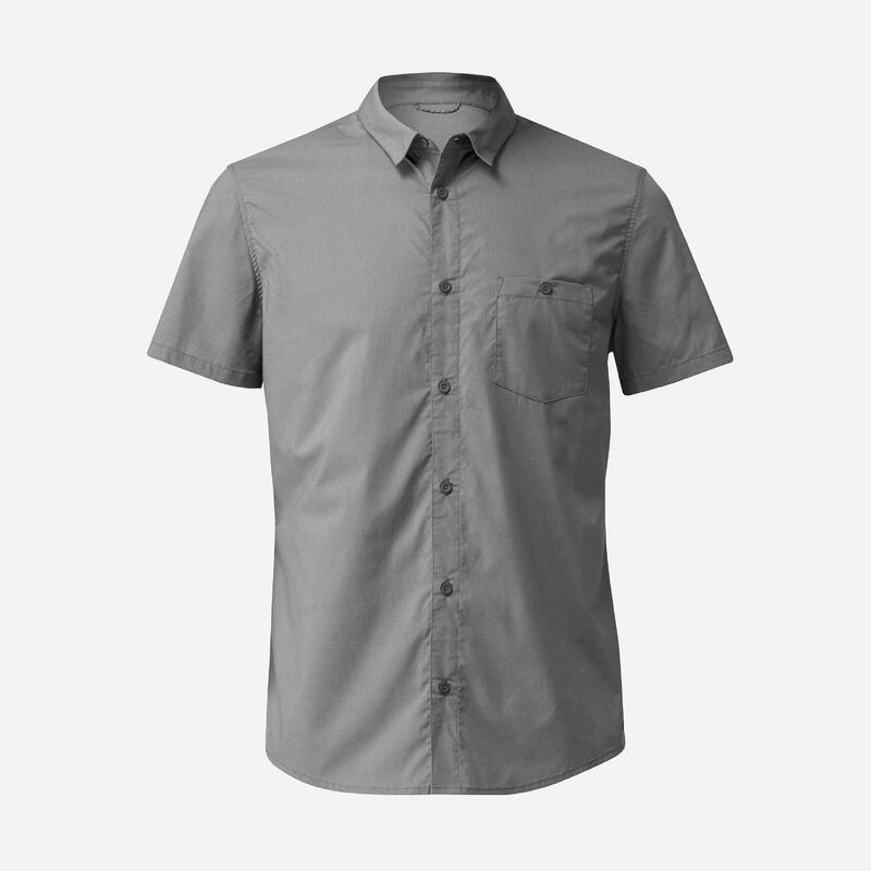 MEN’S SHORT-SLEEVED TREKKING SHIRT TRAVEL 100 - GREY