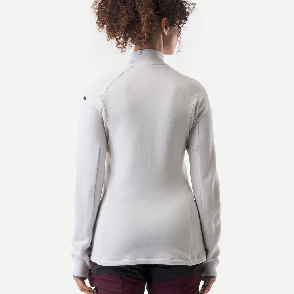 Sieviešu kalnu trekinga merīnvilnas T krekls “MT900” ar garām piedurknēm un rāvējslēdzēju