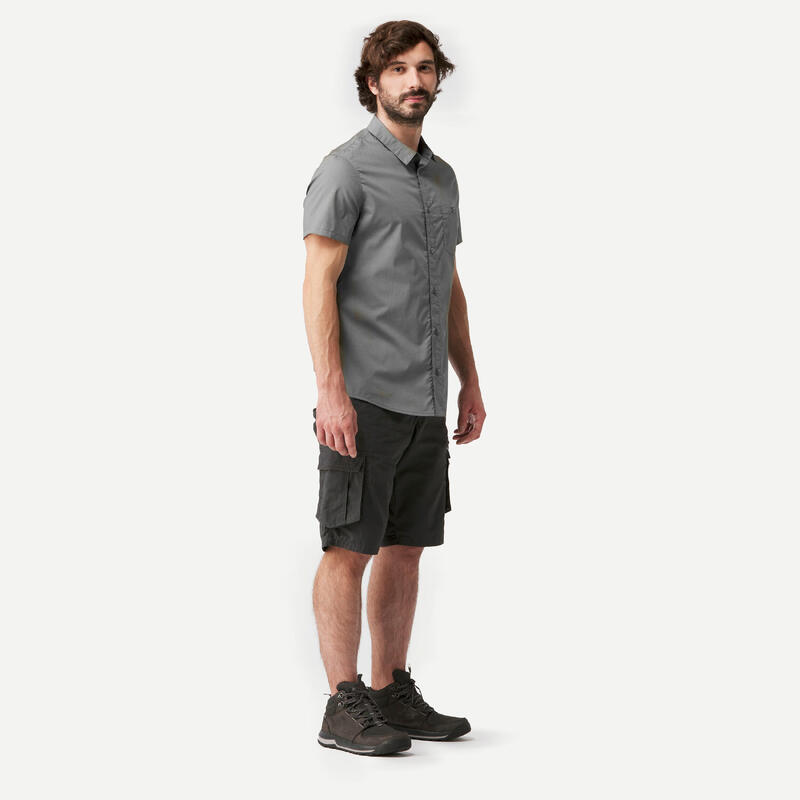 男款多日登山短袖襯衫 TRAVEL 100－灰色