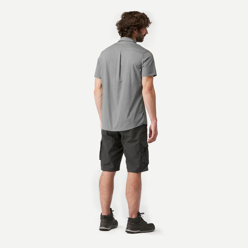 男款多日登山短袖襯衫 TRAVEL 100－灰色