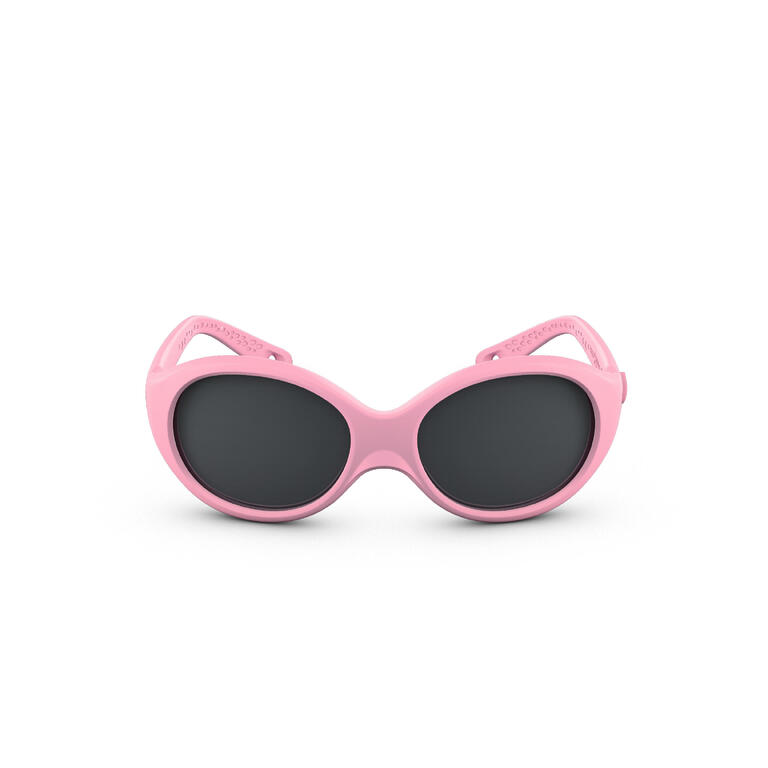Pink baby sunglasses with rounded frames and dark tinted lenses