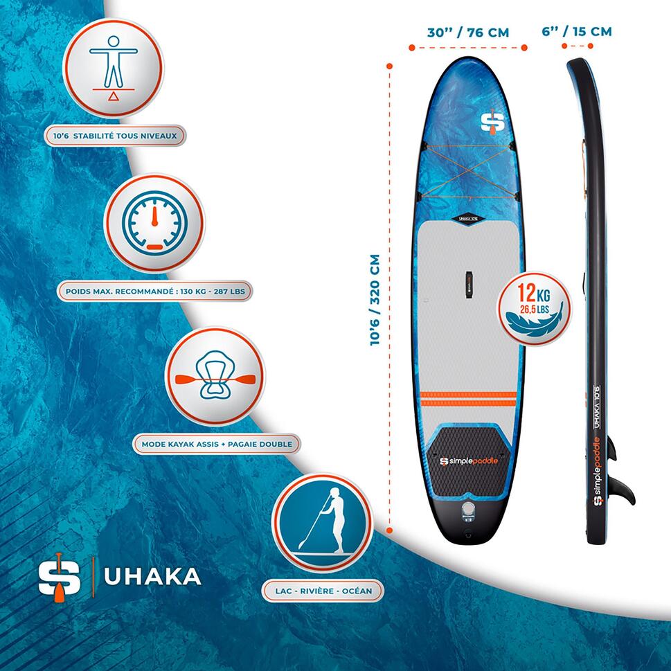 PACK (PLANCHE, POMPE, PAGAIE) STAND UP PADDLE GONFLABLE UHAKA 10.6