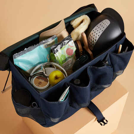 Žirgo priežiūros reikmenų krepšys-dėžė, kabinamas ant aptvaro, žalias ir mėlynas