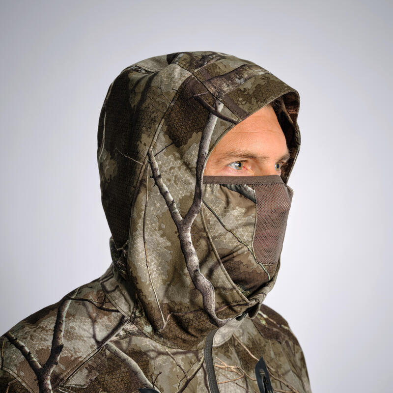 Lovecká bunda nehlučná nepromokavá hřejivá 900 maskovací vzor Treemetic